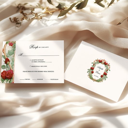 Art Nouveau Red Rose bruiloft RSVP Kaart