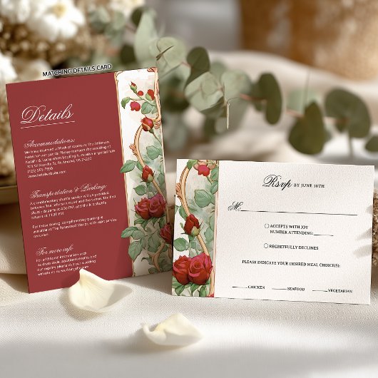  Art Nouveau Red Rose bruiloft RSVP Kaart