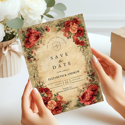 Art Nouveau Red Rose bruiloft Save The Date