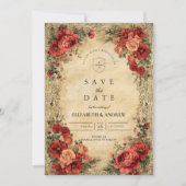 Art Nouveau Red Rose bruiloft Save The Date (Voorkant)