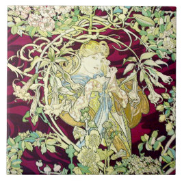 Art Nouveau Repro Beauful Woman met Daisy Tegeltje