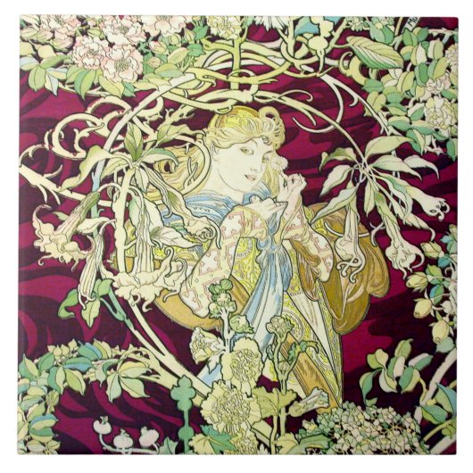 Art Nouveau Repro Beauful Woman met Daisy Tegeltje (Voorkant)