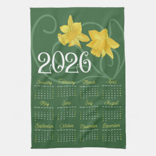 Art Nouveau Retro Bloemen Daffodil 2026 Kalender Theedoek