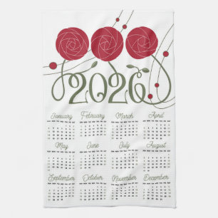 Art Nouveau Retro Bloemen Rode Roos 2026 Kalender Theedoek