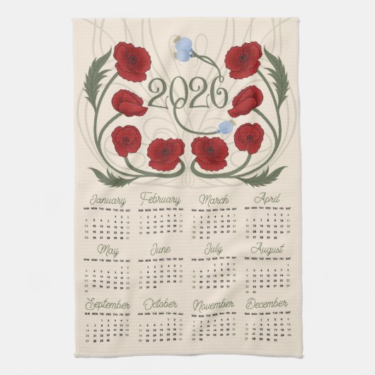 Art Nouveau Retro Bloemen Rood Poppy 2026 Kalender Theedoek (Verticaal)