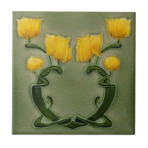 Art Nouveau Richards Yellow Tulips op Green Repro Tegeltje