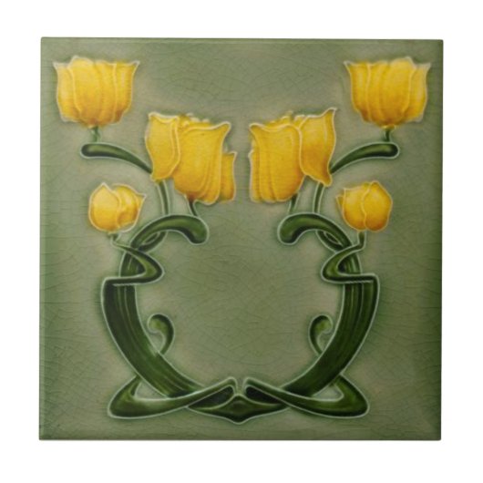 Art Nouveau Richards Yellow Tulips op Green Repro Tegeltje (Voorkant)