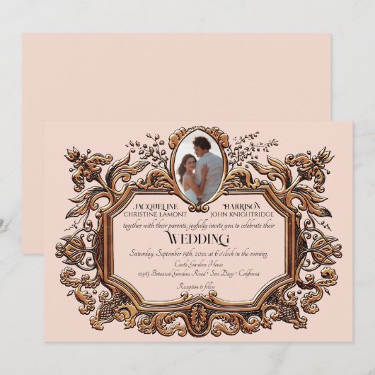 Art Nouveau Rococo Elegant Goud Roze Foto Bruiloft Kaart (Voorkant / Achterkant)