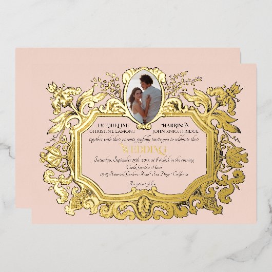 Art Nouveau Rococo Elegante Foto Roze Bruiloft Folie Uitnodiging (Voorkant / Achterkant)