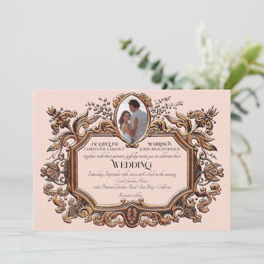 Art Nouveau Rococo Elegante Gouden Roze Foto Bruil Kaart (Staand voorkant)