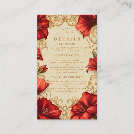 Art Nouveau Rode Amaryllis bruiloft Informatiekaartje (Voorkant)