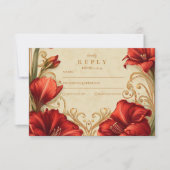 Art Nouveau Rode Amaryllis bruiloft RSVP Kaartje (Voorkant)