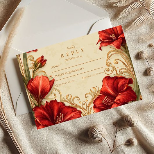 Art Nouveau Rode Amaryllis bruiloft RSVP Kaartje