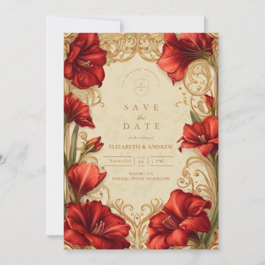 Art Nouveau Rode Amaryllis bruiloft Save The Date (Voorkant)