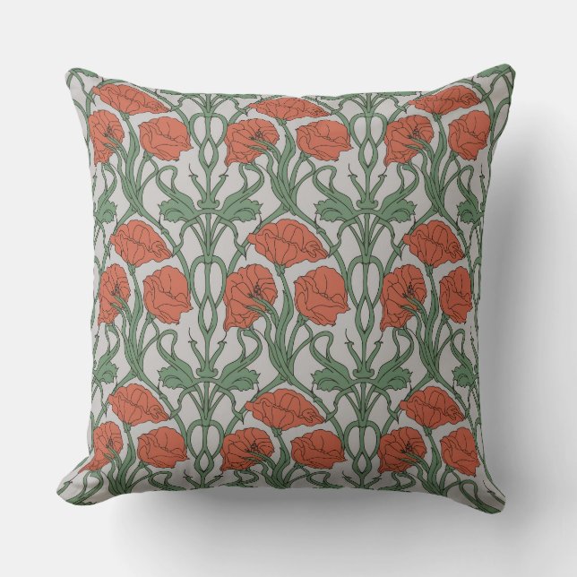 Art Nouveau Rode Klaproos Bloemendruk Kussen (Voorkant)