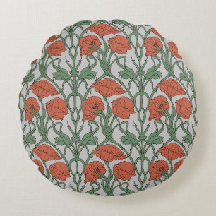 Art Nouveau Rode Klaproos Bloemendruk Rond Kussen