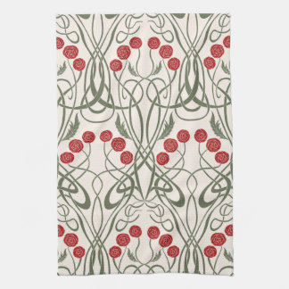 Art Nouveau Rode Rozen en Sinuzeuze Stelen Theedoek