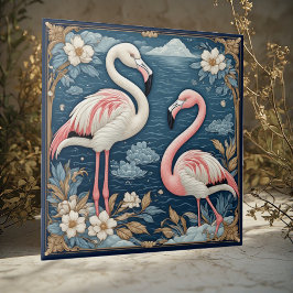 Art Nouveau Romantic Flamingo Couple Floral Motifs Tegeltje