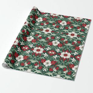 Art Nouveau Rood Groen Wit Kerstmis Cadeaupapier