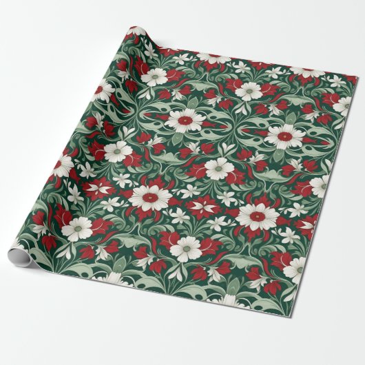 Art Nouveau Rood Groen Wit Kerstmis Cadeaupapier (Uitgerold)