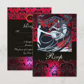 ART NOUVEAU ROOD ZWART GOUD DAMASK RSVP ,ruby Kaartje (Voorkant / Achterkant)