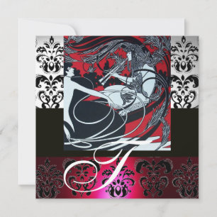 ART NOUVEAU ROOD ZWART GRIJS WIT DAMAST MONOGRAM KAART