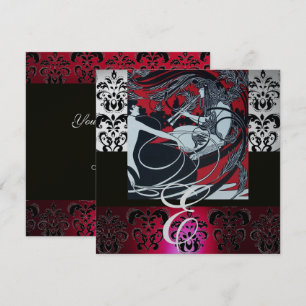 ART NOUVEAU ROOD ZWART GRIJS ZILVER DAMAST MONOGRA KAART