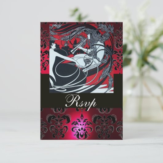 ART NOUVEAU ROOD ZWART WIT DAMASK RSVP ,ruby Kaartje (Staand voorkant)