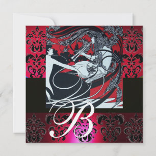 ART NOUVEAU ROOD ZWART WIT DAMAST MONOGRAAM, robij Kaart
