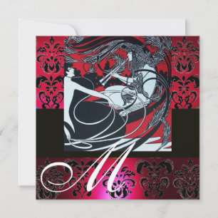 ART NOUVEAU ROOD ZWART WIT DAMAST MONOGRAAM ,robij Kaart