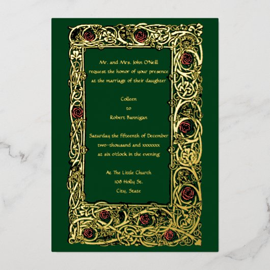 Art Nouveau Roos Vine & Clover Border Wedding Folie Uitnodiging (Voorkant)