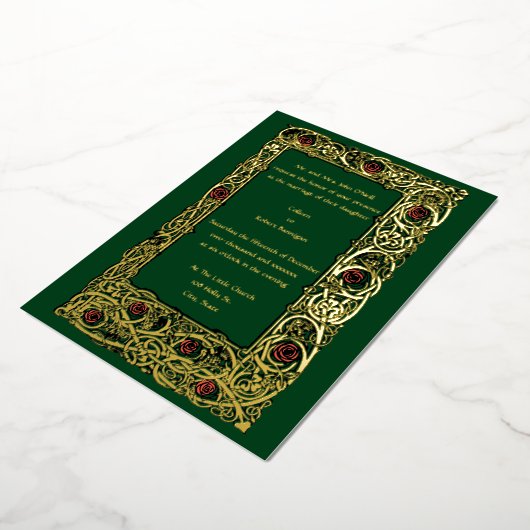 Art Nouveau Roos Vine & Clover Border Wedding Folie Uitnodiging (Gedraaid)