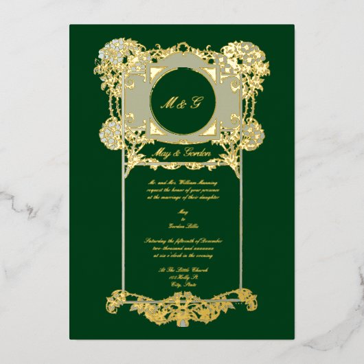 Art Nouveau Roos Wedding Folie Uitnodiging (Voorkant)
