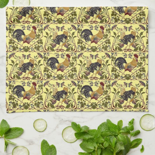  Art Nouveau Rooster & Hen Chickens Patroon Theedoek (Gevouwen)