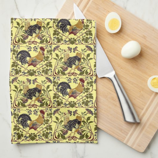  Art Nouveau Rooster & Hen Chickens Patroon Theedoek (Quarter Fold)