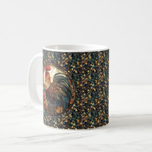 Art Nouveau Rooster op Ivy Coffee Mok (Voorkant links)