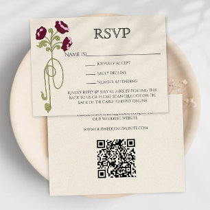 Art Nouveau Roze Bloemen QR Code in Bourgondiërood RSVP Kaartje