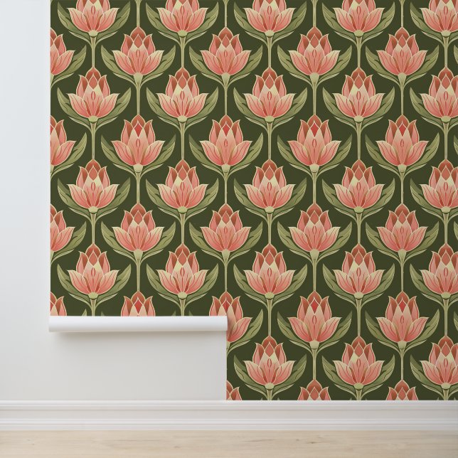 Art Nouveau Roze en Groene Tulpen Patroon Verwijde Behang (Applicatie)