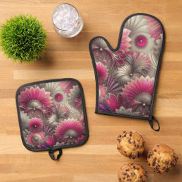 Art Nouveau Roze en Zilveren Fans Ovenwant & Pannenlap Set