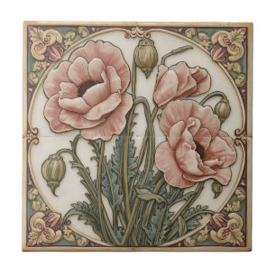 Art Nouveau roze klaprozen bloemmotief vintage Tegeltje