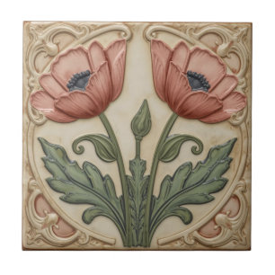 Art Nouveau roze klaprozen bloemmotief vintage Tegeltje
