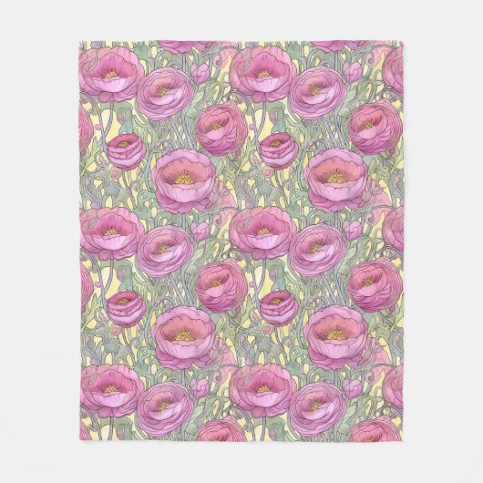 Art nouveau roze ranuculus fleece deken (Voorkant)