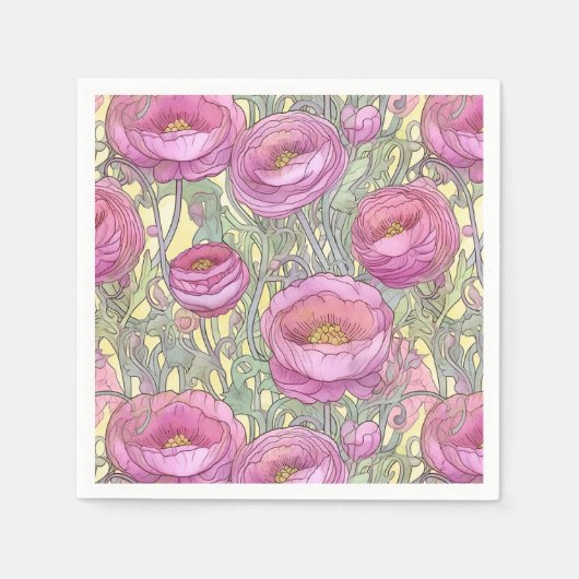 Art nouveau roze ranuculus servet (Voorkant)