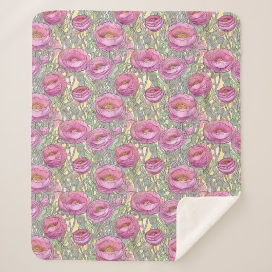 Art nouveau roze ranuculus sherpa deken (Voorkant)