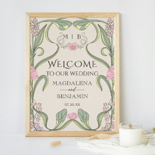 Art Nouveau Roze Salie Bloemen Welkom Vintage Poster
