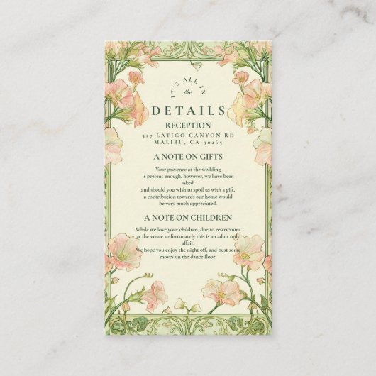 Art Nouveau Roze Sweet Pea Wedding Informatiekaartje (Voorkant)