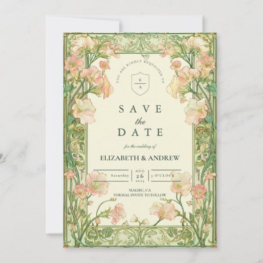 Art Nouveau Roze Sweet Pea Wedding Save The Date (Voorkant)