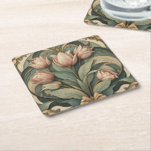 Art Nouveau Roze Tulpen Bloemen Papier Onderzetter