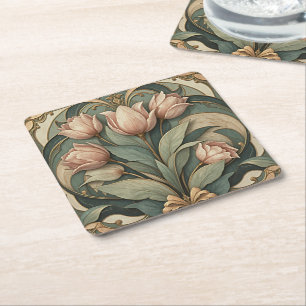 Art Nouveau Roze Tulpen Bloemen Papier Onderzetter