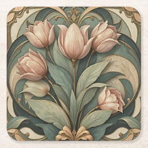 Art Nouveau Roze Tulpen Bloemen Papier Onderzetter